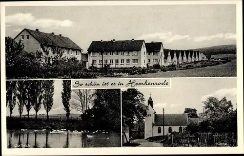 Ak Hemkenrode Cremlingen in Niedersachsen, Siedlung, Dorfteich, Kirche