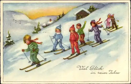 Ak Glückwunsch Neujahr, Kinder fahren Ski