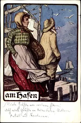 Ak Am Hafen, Seemann und Frau auf einem Steg