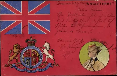 Wappen Ak Großbritannien, Union Jack, Frauenportrait