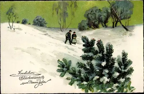 Ak Glückwunsch Neujahr, Paar in einer Winterlandschaft