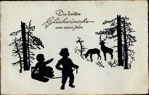 Scherenschnitt Ak Glückwunsch Neujahr, Kinder mit Schlitten, Hirsch, Winterlandschaft