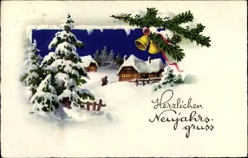 Ak Glückwunsch Neujahr, Winterlandschaft, Häuser, Glocken