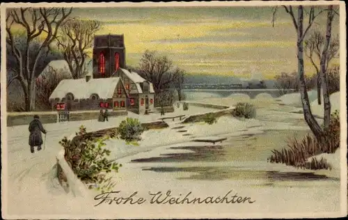 Ak Glückwunsch Weihnachten, Winterlandschaft mit Kirche, Häuser, Fluss
