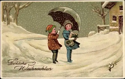 Ak Glückwunsch Weihnachten, Kinder mit Regenschirm im Schneefall