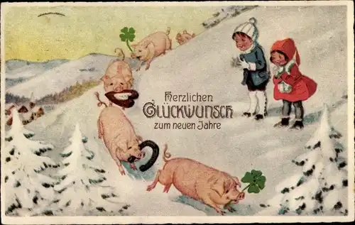 Ak Glückwunsch Neujahr, Kinder beobachten Schweine, Kleeblätter, Hufeisen, Lebkuchenherz