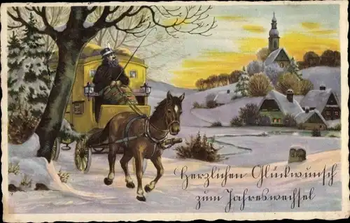 Ak Glückwunsch Neujahr, Winterlandschaft mit Postkutsche und Ortschaft