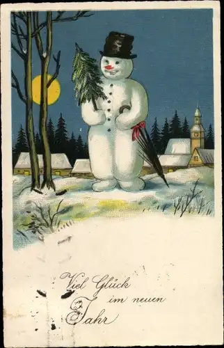 Ak Glückwunsch Neujahr, Schneemann mit Tannenbaum, Mondschein