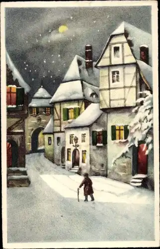 Ak Ortschaft im Winter, Schnee, Mond, Mann mit Gehstock