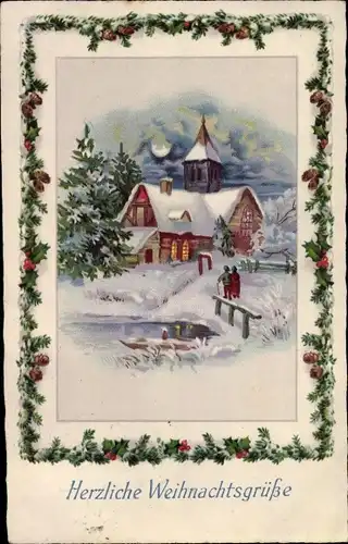 Ak Glückwunsch Weihnachten, Ortschaft im Winter, Kirche, Mondschein, Teich
