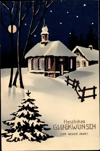 Ak Glückwunsch Neujahr, Winterlandschaft mit Kirche, Mondschein