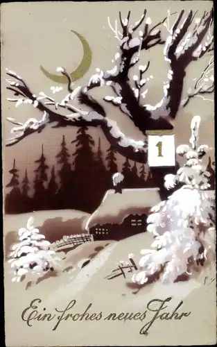 Ak Glückwunsch Neujahr, Winterlandschaft, Haus, Kalender, Mondsichel