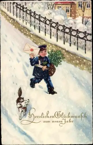 Ak Glückwunsch Neujahr, Postbote im Schnee, Brief, Hund