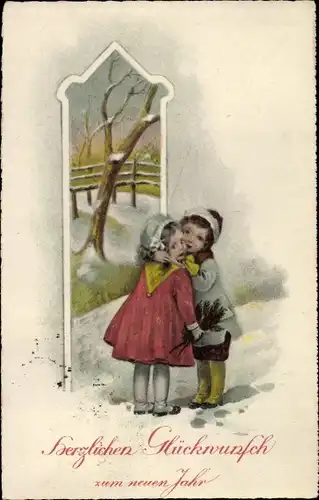 Ak Glückwunsch Neujahr, Junge küsst Mädchen auf die Wange