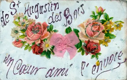 Glitzer Ak Saint Augustin des Bois Maine-et-Loire, Rosen, Stoff-Schleife, Blumenstrauß