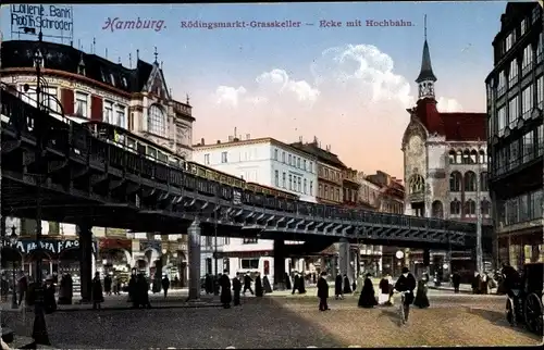 Ak Hamburg Mitte Altstadt, Rödingsmarkt, Grasskeller, Ecke mit Hochbahn