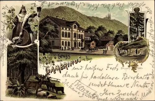 Litho Huy im Harz, Gasthaus Gambrinus, Bierkönig, Hirsche, Daneilshöhle