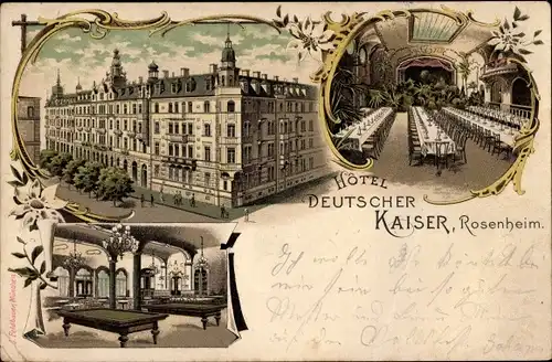Litho Rosenheim, Hotel Deutscher Kaiser, Billardhalle, Speisesaal