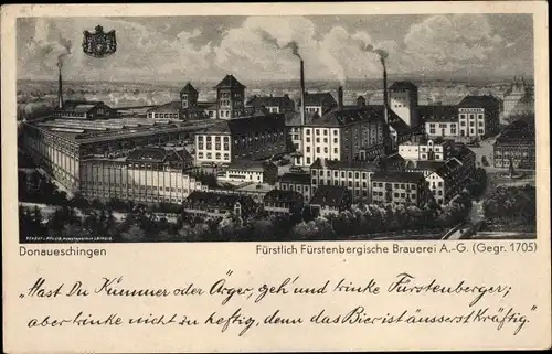 Künstler Ak Donaueschingen im Schwarzwald, Fürstlich Fürstenbergische Brauerei KG, gegr. 1705