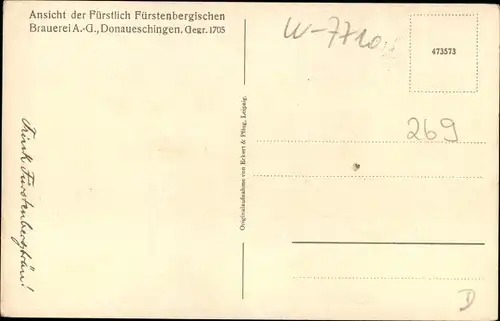 Künstler Ak Donaueschingen im Schwarzwald, Fürstlich Fürstenbergische Brauerei KG, gegr. 1705