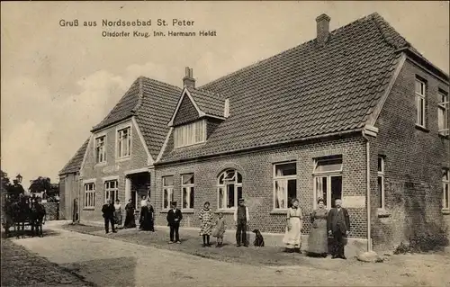 Ak Sankt Peter Ording, Gesellschaft und Kutsche vor dem Olsdorfer Krug, Inh. Hermann Heldt