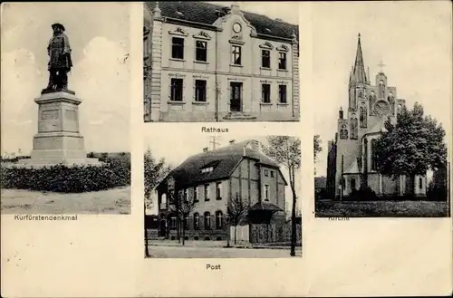 Ak Fehrbellin in Brandenburg, Kurfürstendenkmal, Rathaus, Post, Kirche