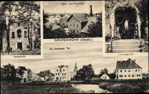 Ak Grafenwöhr in Bayern, Panorama, Anna Kirche, Blick v. Annaberg, Lourdesgrotte