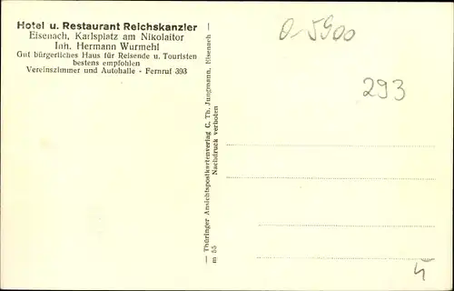 Ak Lutherstadt Eisenach in Thüringen, Restaurant Reichskanzler, Karlsplatz am Nikolaitor, Wartburg