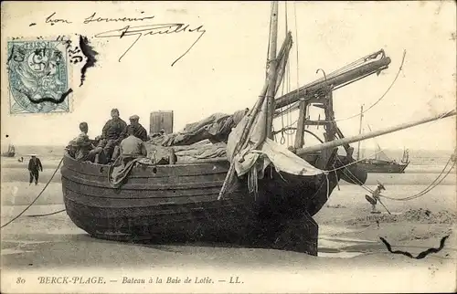 Ak Berck Plage Pas de Calais, Bateau a la Baie de Lotie
