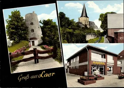 Ak Laer in Westfalen, Edeka Markt, Kirche, Turm