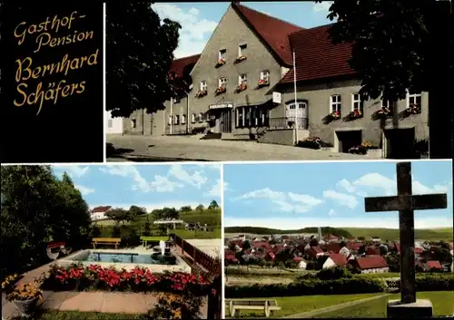 Ak Holtheim Lichtenau in Westfalen, Gasthof Pension, Teich, Totale des Ortes