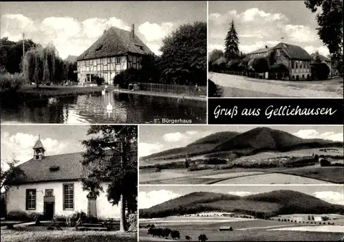 Ak Gelliehausen Gleichen in Niedersachsen, Kirche, Landschaft, Bürgerhaus, Dorfpartie
