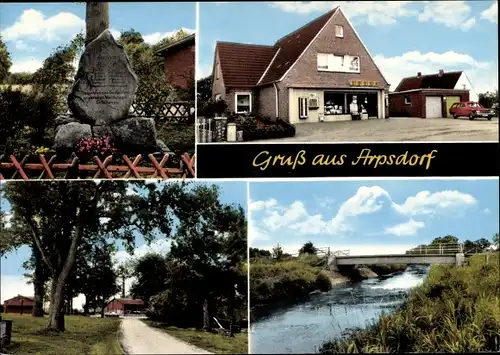 Ak Arpsdorf in Holstein, Partie am Fluss, Ehrenmal, Edeka Markt, Brücke