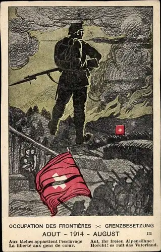 Künstler Ak Schweiz, Occupation des Frontieres, Grenzbesetzung 1914