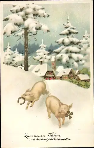 Ak Glückwunsch Neujahr, Schweine mit Kleeblatt und Hufeisen, Ortschaft