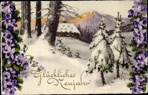 Ak Glückwunsch Neujahr, Winterlandschaft, Haus, Veilchen, Gebirge