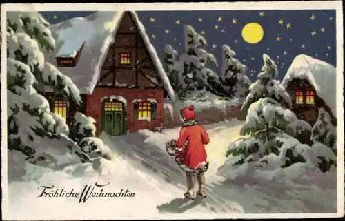 Ak Glückwunsch Weihnachten, Ortschaft im Winter, Mädchen, Mondschein