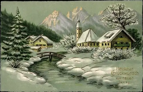 Ak Glückwunsch Neujahr, Winterlandschaft mit Ortschaft, Gebirge