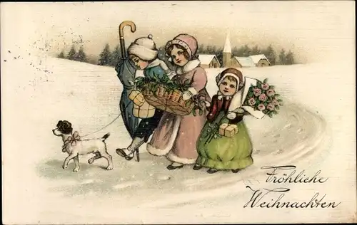Ak Glückwunsch Weihnachten, Kinder mit Stechpalmenzweige, Hund, Rosen