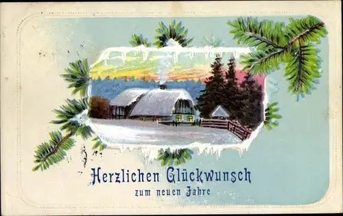 Ak Glückwunsch Neujahr, Schneebedecktes Haus