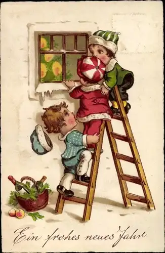 Ak Glückwunsch Neujahr, Kinder auf einer Leiter schauen durch ein Fenster
