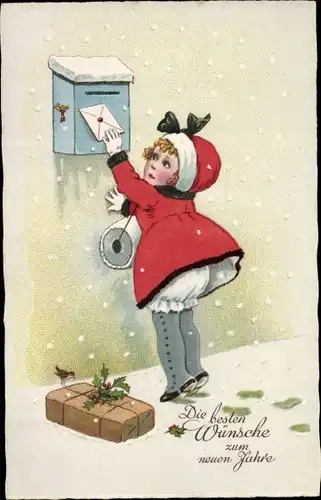 Ak Glückwunsch Neujahr, Mädchen wirf Brief in den Briefkasten, Geschenk, Vogel, Stechpalme