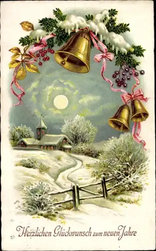 Ak Glückwunsch Neujahr, Winterlandschaft, Glocken, Kirche, Mondschein