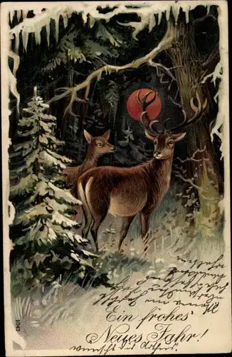 Präge Litho Glückwunsch Neujahr, Hirsche im Wald