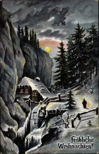 Künstler Ak Klopfer, Glückwunsch Weihnachten, Winterlandschaft mit Wassermühle, Mondschein
