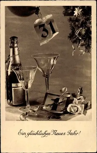 Ak Glückwunsch Neujahr, Sektflasche, Gläser, Kalenderblatt