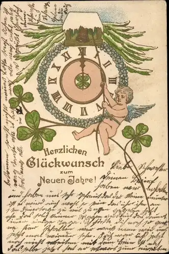 Präge Litho Glückwunsch Neujahr, Engel, Glocke, Uhr, Kleeblätter
