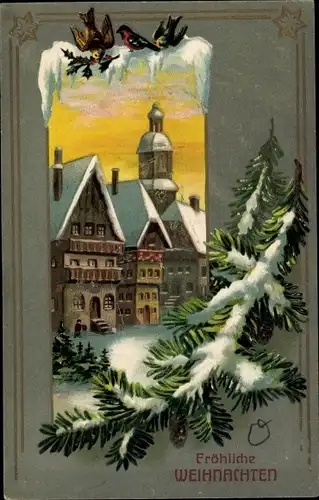 Winter Präge Litho Glückwunsch Weihnachten, Ortschaft im Winter, Tannenzweig, Vögel