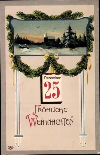 Präge Ak Glückwunsch Weihnachten, Winterlandschaft, Kirche, Kalender