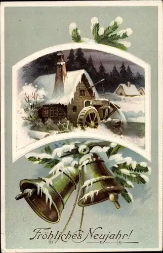 Präge Ak Frohe Glückwunsch Weihnachten, Verschneite Wassermühle, Glocken, Tannenzweig